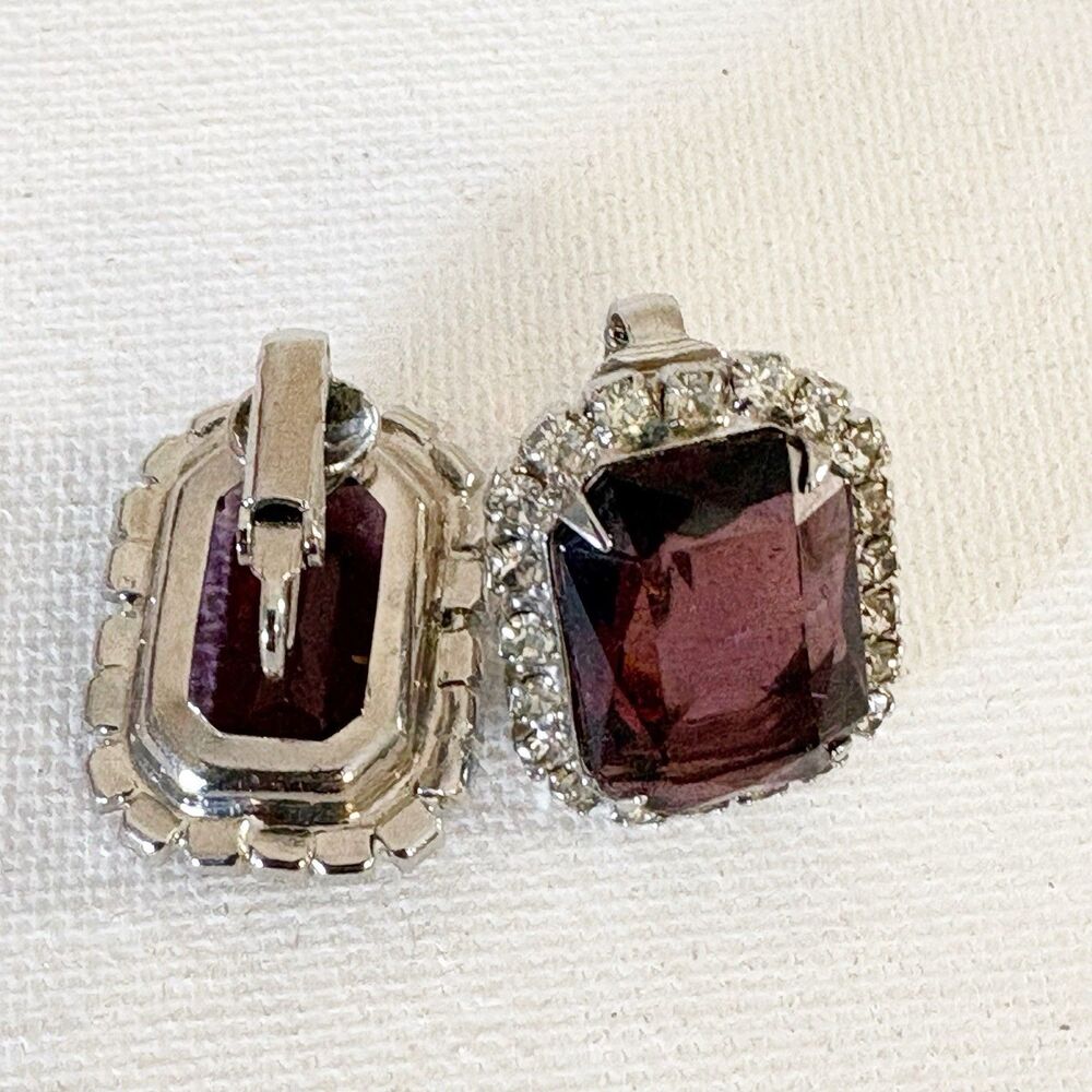 Vintage Purple Clear Rhinestone Clip On Earrings Bling Glam Silver Tone - Picture 3 of 6